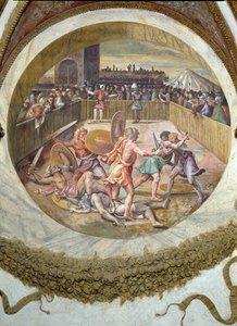 Scène montrant que ceux nés sous le signe du Taureau en conjonction avec la constellation des Pléiades ont une aptitude pour le combat, symbolisée par un combat de gladiateurs